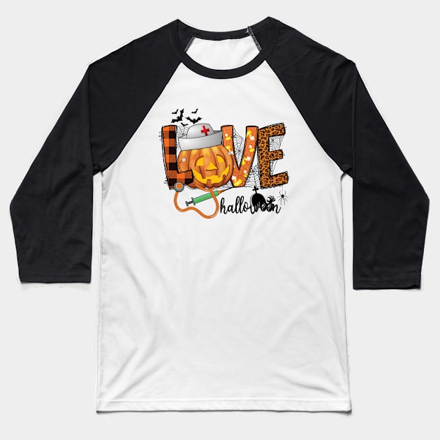 Love Halloween Pumpkin Nurse Baseball T-Shirt by DigitalCreativeArt